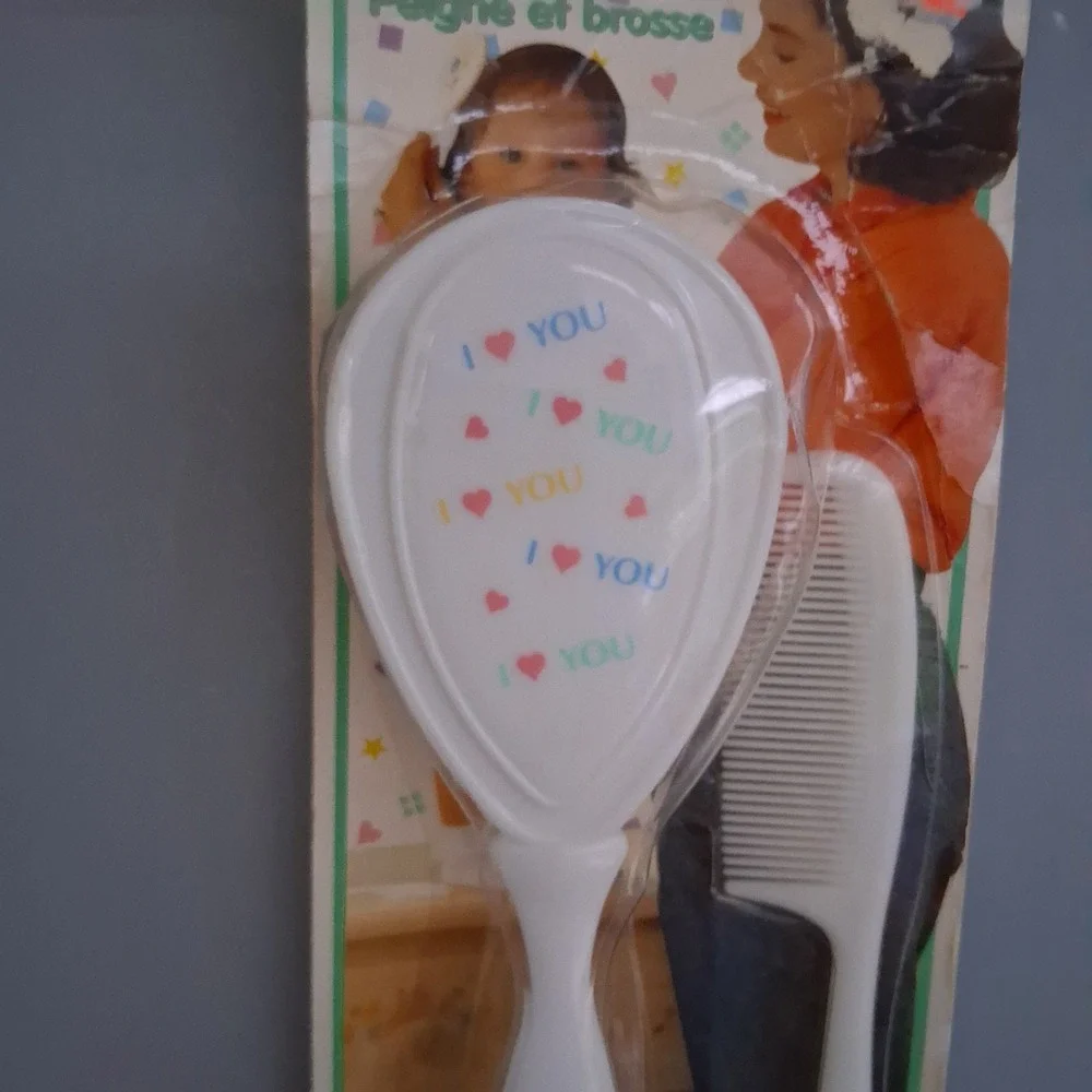 Vtg NOS 1995 Rainbow Hearts Graphic Baby Brush Comb Set I Love You USA 90s NEW